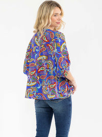 WOMEN'S SHORT SLEEVE V-NECK MULTI PRINT BLOUSE