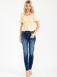 WOMEN'S SHORT PUFF SLEEVE SQUARE NECK SMOCK PEPLUM TOP