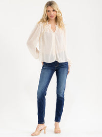 WOMEN'S LONG SLEEVE V-NECK BUTTON UP SWISS DETAILED BLOUSE