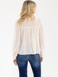 WOMEN'S LONG SLEEVE V-NECK BUTTON UP SWISS DETAILED BLOUSE