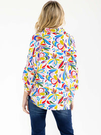WOMEN'S LONG SLEEVE BUTTON UP FRONT POCKETS MULTI PRINT BLOUSE