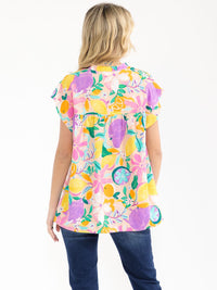 WOMEN'S SHORT SLEEVE V-NECK FRUIT PRINT BLOUSE