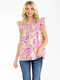 WOMEN'S RUFFLE SLEEVE V-NECK FLORAL PRINT BLOUSE