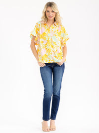 WOMEN'S SHORT SLEEVE BUTTON UP FLORAL PRINT BLOUSE