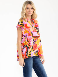 WOMEN'S SHORT SLEEVE V-NECK MULTI PRINT BLOUSE