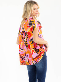 WOMEN'S SHORT SLEEVE V-NECK MULTI PRINT BLOUSE