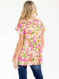 WOMEN'S SHORT RUFFLE SLEEVE TIERED FLORAL PRINT BLOUSE