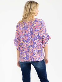 WOMEN'S SHORT RUFFLE SLEEVE V-NECK MULTI PRINT BLOUSE