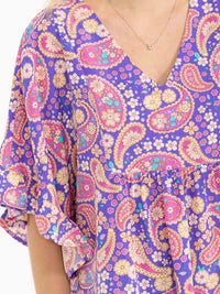 WOMEN'S SHORT RUFFLE SLEEVE V-NECK MULTI PRINT BLOUSE