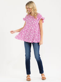WOMEN'S SHORT RUFFLE SLEEVE TIERED FLORAL PRINT BLOUSE