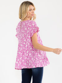 WOMEN'S SHORT RUFFLE SLEEVE TIERED FLORAL PRINT BLOUSE