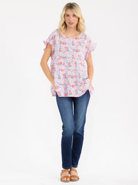WOMEN'S SHORT RUFFLE SLEEVE TIERED FLORAL PRINT BLOUSE