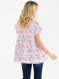 WOMEN'S SHORT RUFFLE SLEEVE TIERED FLORAL PRINT BLOUSE