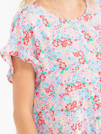 WOMEN'S SHORT RUFFLE SLEEVE TIERED FLORAL PRINT BLOUSE