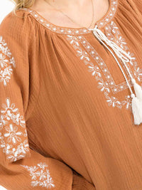 WOMEN'S LONG SLEEVE V-NECK LOOSE FIT TUNIC EMBROIDERY BLOUSE