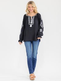 WOMEN'S LONG SLEEVE V-NECK LOOSE FIT TUNIC EMBROIDERY BLOUSE