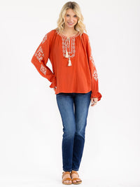 WOMEN'S LONG SLEEVE V-NECK LOOSE FIT TUNIC EMBROIDERY BLOUSE