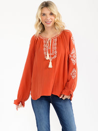 WOMEN'S LONG SLEEVE V-NECK LOOSE FIT TUNIC EMBROIDERY BLOUSE