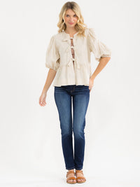 WOMEN'S SHORT SLEEVE FRONT TIE STRIPES PEPLUM TOP
