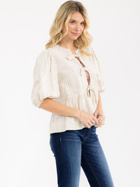 WOMEN'S SHORT SLEEVE FRONT TIE STRIPES PEPLUM TOP