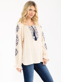 WOMEN'S LONG SLEEVE V-NECK LOOSE FIT TUNIC EMBROIDERY BLOUSE