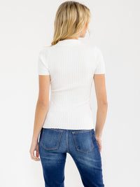 WOMEN'S SHORT SLEEVE V-NECK BUTTON CLOSURE RIBBED BLOUSE