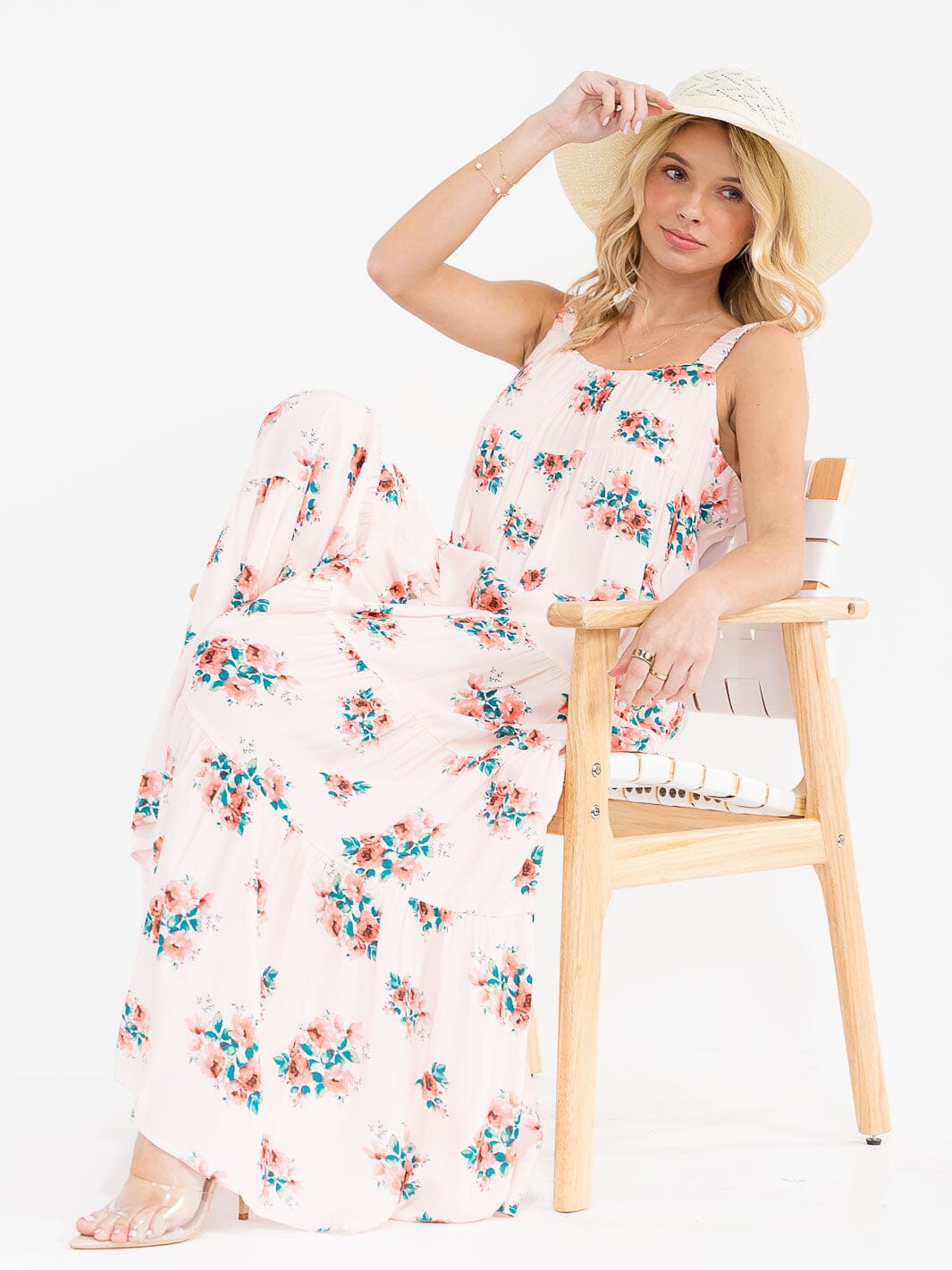 chinese dress ladies Plus Size Casual Maxi Dress Square Neck-Pink&White Flower, 3XL main image 1
