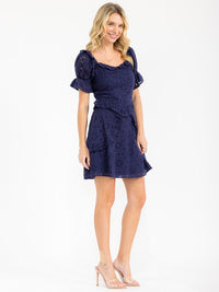 WOMEN'S SHORT SLEEVE HEART NECK BUTTON UP RUFFLE EYELET MINI DRESS