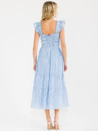 WOMEN'S SLEEVELESS SQUARE NECK SMOCK TIERED PLAID MAXI DRESS