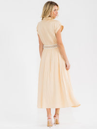WOMEN'S SHORT SLEEVE BUTTON CLOSURE POCKETS BELTED LINEN MAXI DRESS