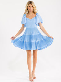 WOMEN'S SHORT SLEEVE V-NECK TIERED PLEATED TUNIC MINI DRESS