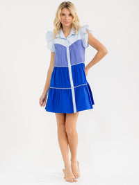 WOMEN'S RUFFLE SLEEVE BUTTON UP COLORBLOCK TUNIC MINI DRESS
