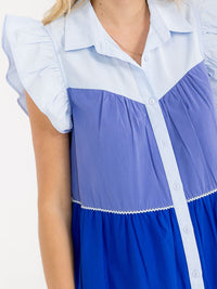 WOMEN'S RUFFLE SLEEVE BUTTON UP COLORBLOCK TUNIC MINI DRESS