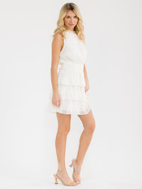 WOMEN'S SLEEVELESS MOCK NECK SMOCK WAIST RUFFLE TIERED MINI DRESS