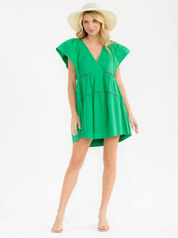 WOMEN'S SHORT SLEEVE V-NECK TRIM DETAILED TUNIC MINI DRESS