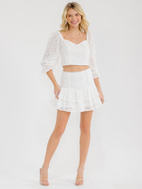 WOMEN'S 3/4 SLEEVES TOP & BELTED MINI SKIRT EYELET 2PC. SET