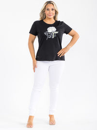 PLUS SIZE SHORT SLEEVE GRAPHIC SEQUINS TOP