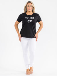 PLUS SIZE SHORT SLEEVE GRAPHIC STUDS BOW TOP