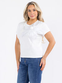 PLUS SIZE SHORT SLEEVE FLOWER STONES DETAILED TOP
