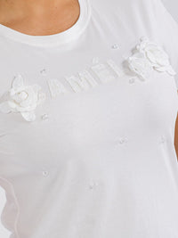 PLUS SIZE SHORT SLEEVE GRAPHIC FLOWER DETAILED TOP