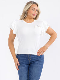 PLUS SIZE SHORT RUFFLE SLEEVE PEARL BOW RIBBED TOP