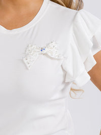 PLUS SIZE SHORT RUFFLE SLEEVE PEARL BOW RIBBED TOP