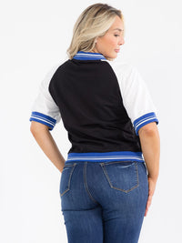 PLUS SIZE SHORT SLEEVE BUTTON CLOSURE GRAPHIC COLORBLOCK TOP