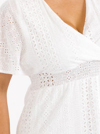 PLUS SIZE SHORT SLEEVE SURPLICE SMOCK WAIST EYELET MIDI DRESS