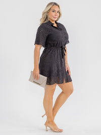 PLUS SIZE SHORT SLEEVE BUTTON UP SELF TIE EYELET MINI DRESS