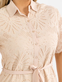 PLUS SIZE SHORT SLEEVE BUTTON UP SELF TIE EYELET MINI DRESS