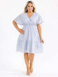 PLUS SIZE SHORT SLEEVE SURPLICE SMOCK WAIST EYELET MIDI DRESS