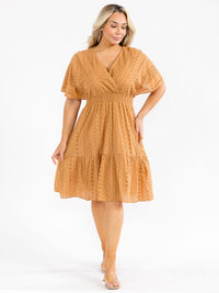 PLUS SIZE SHORT SLEEVE SURPLICE SMOCK WAIST EYELET MIDI DRESS