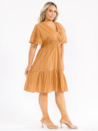 PLUS SIZE SHORT SLEEVE SURPLICE SMOCK WAIST EYELET MIDI DRESS