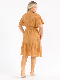 PLUS SIZE SHORT SLEEVE SURPLICE SMOCK WAIST EYELET MIDI DRESS